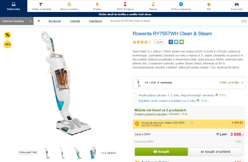 Parní čistič Rowenta 2v1, cyklón, 1700W