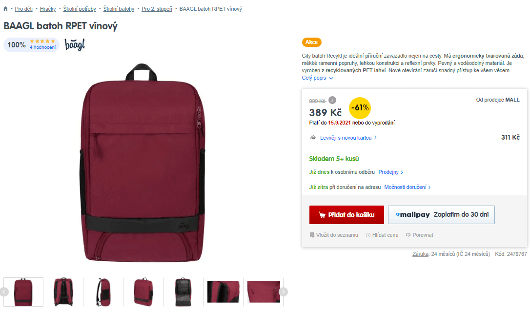 Městský batoh BAAGL batoh RPET, 15,5 l
