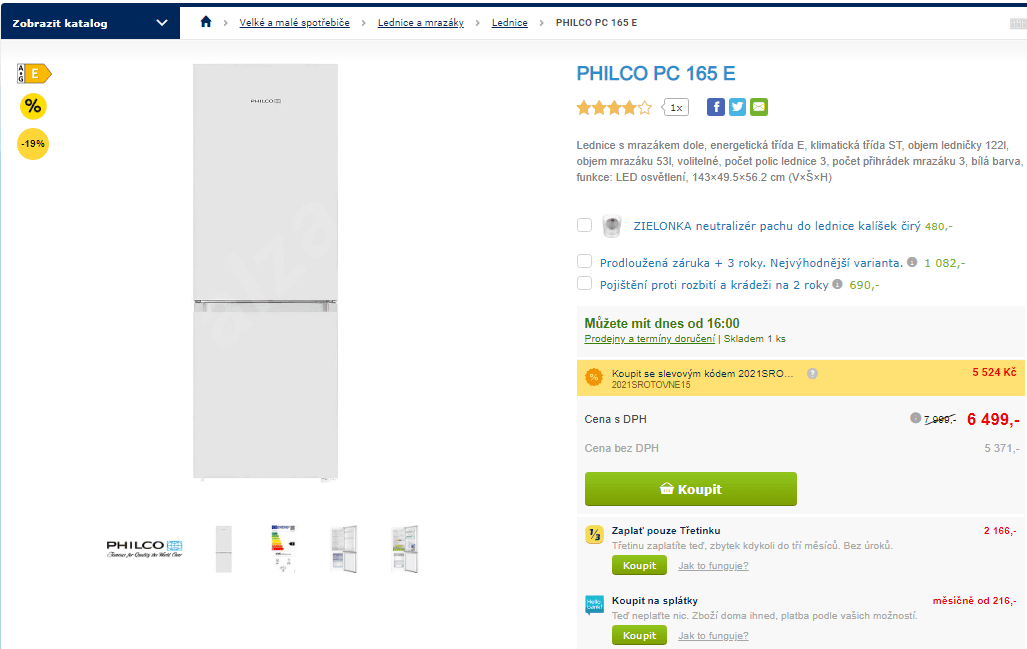 Komb. lednice Philco, 122 / 53 l, 143 cm