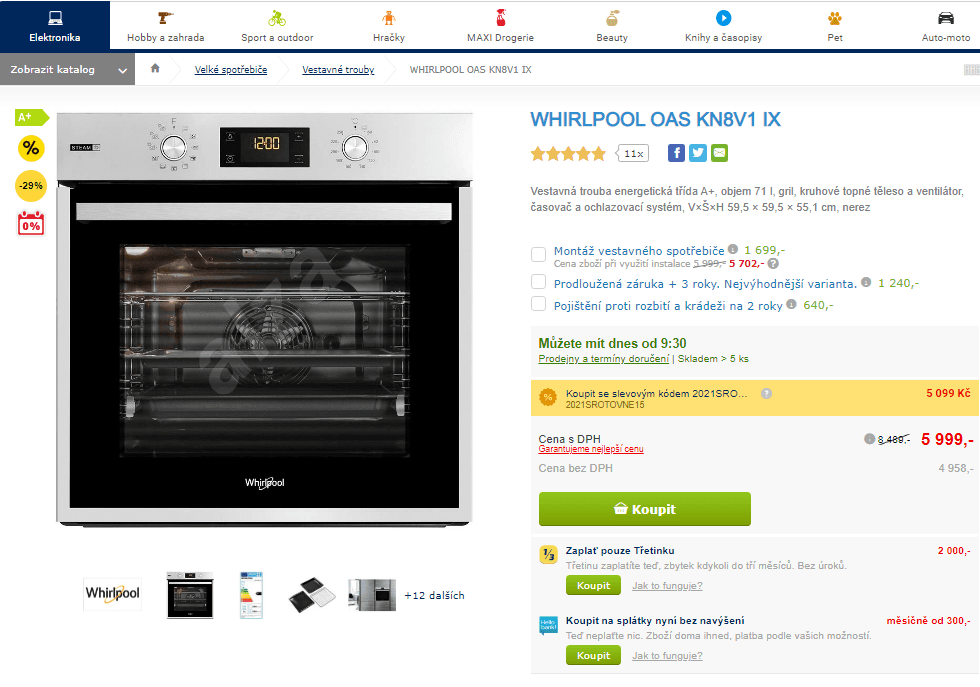Vestavná parní trouba Whirlpool, gril, 71l