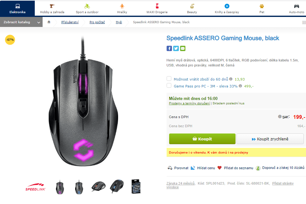 Herní myš Speedlink Assero, optická, RGB