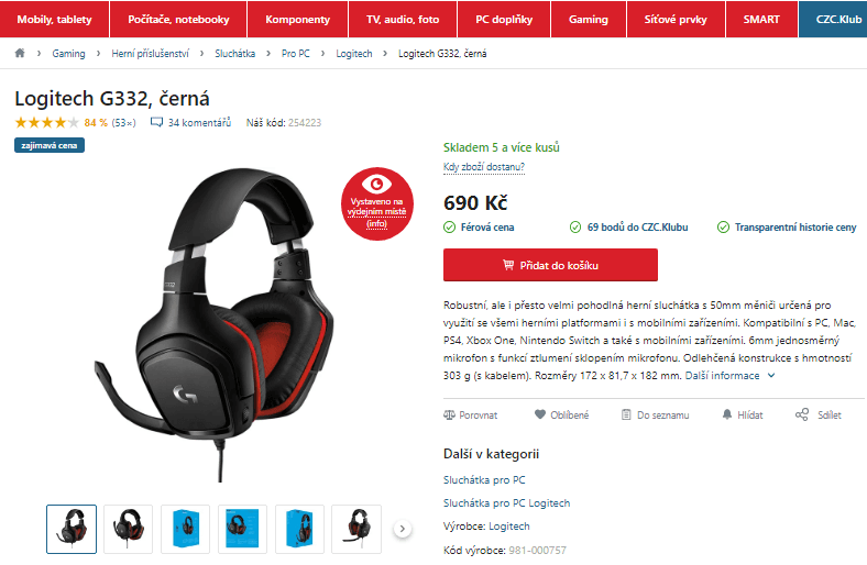Herní sluchátka Logitech G332