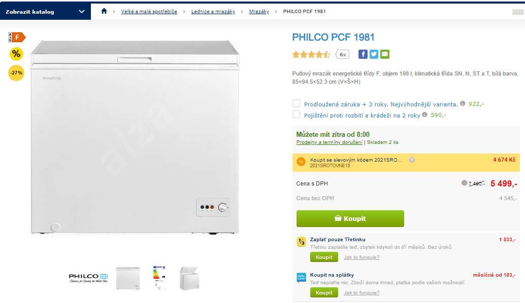 Pultový mrazák Philco, 198 l, 85×94.5×52.3 cm