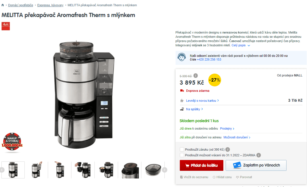 Kávovar na překapávací kávu Melitta, mlýnek