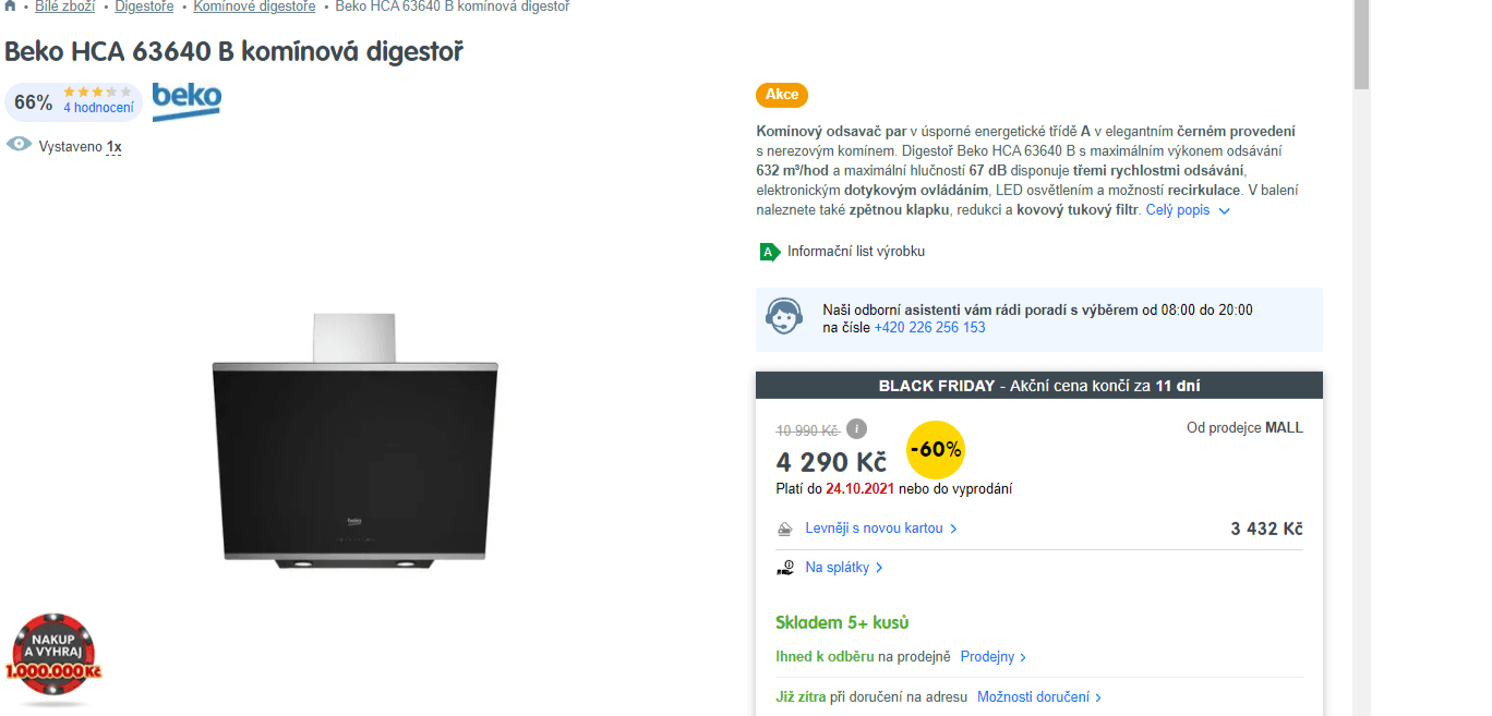 Komínová digestoř Beko, 632 m³