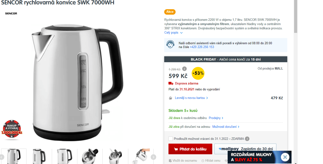 Rychlovarná konvice Sencor, 1,7 litru