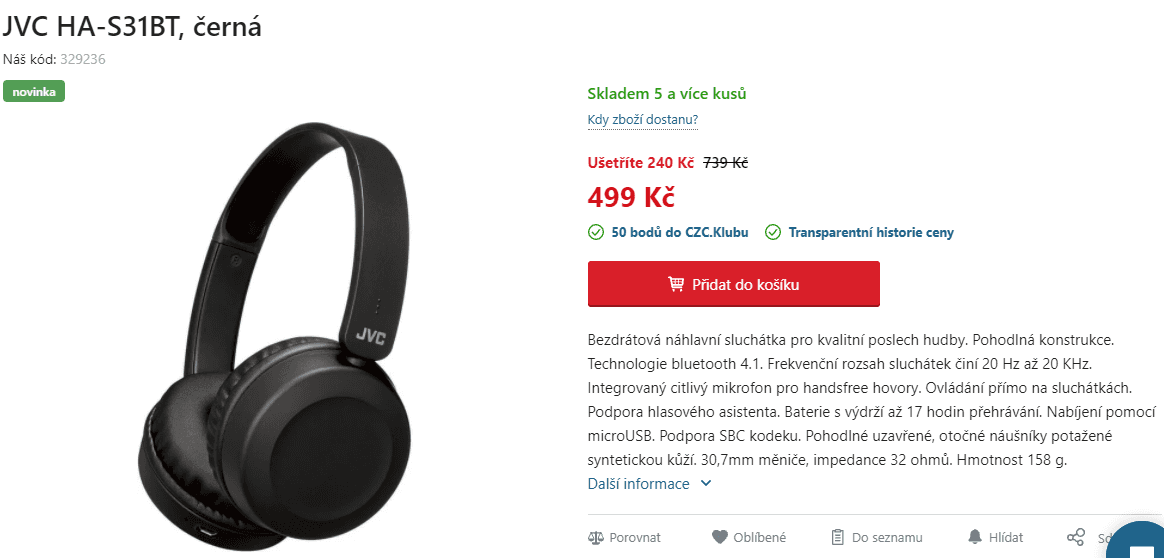 BT sluchátka JVC, 17 hodin