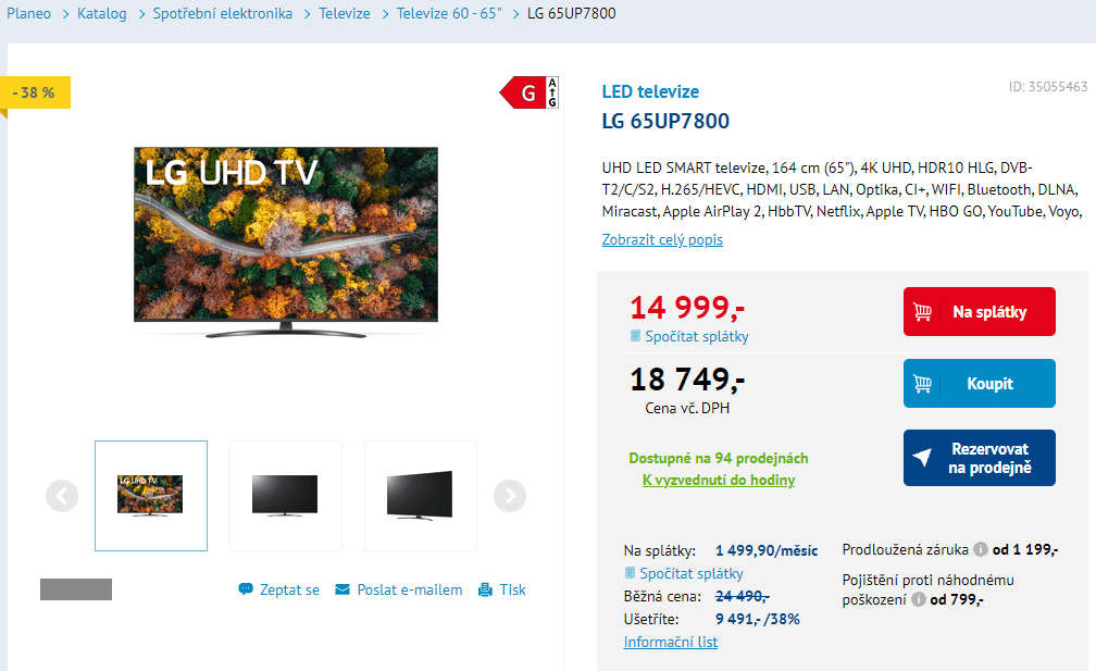 4K Smart TV, HDR, 164 cm, LG