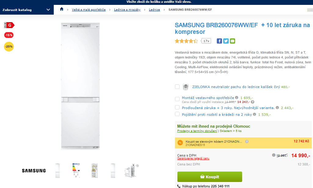 Komb. lednice Samsung, 192/74 l