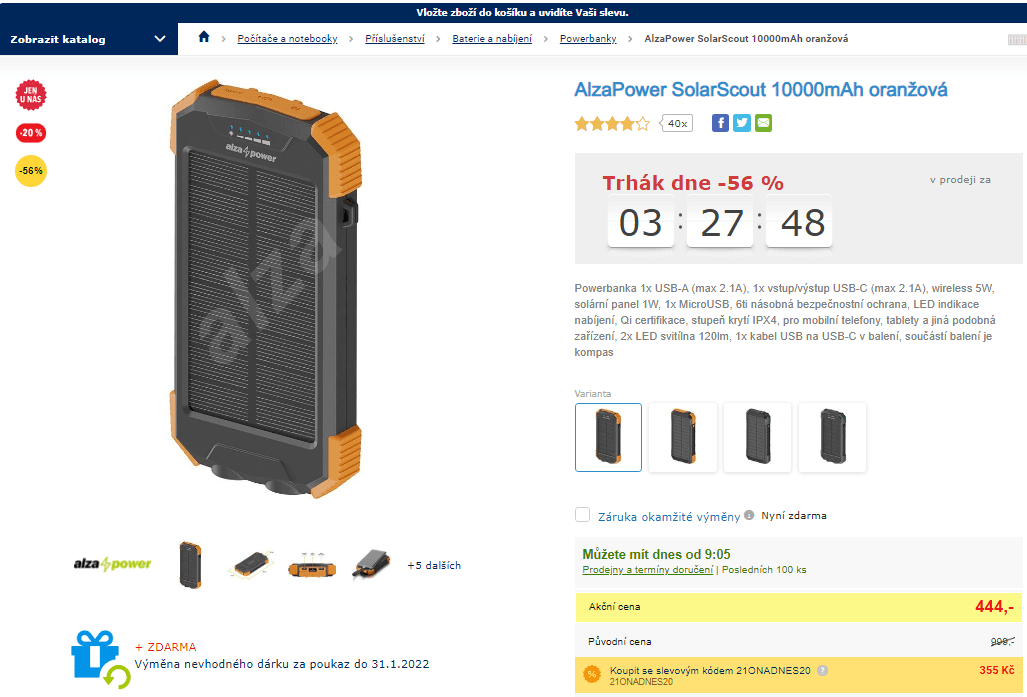 Solární bezdrátová powerbanka Alza, 10000mAh