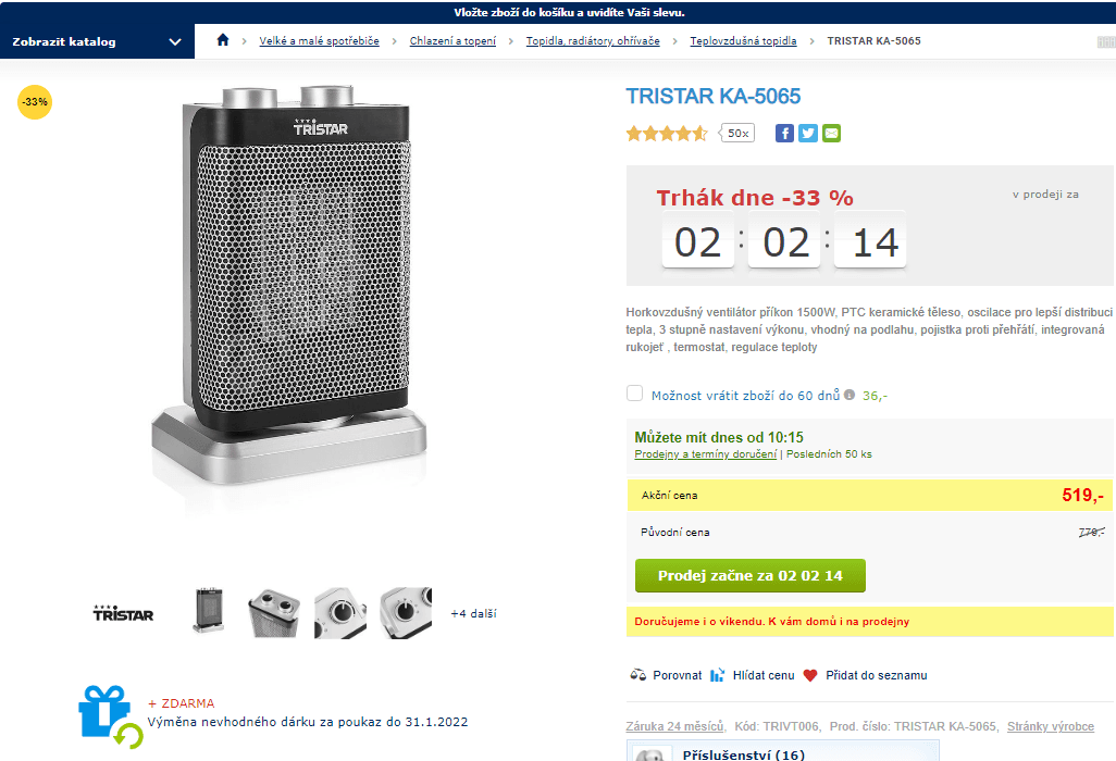 Horkovzdušný ventilátor Tristar, 1500W