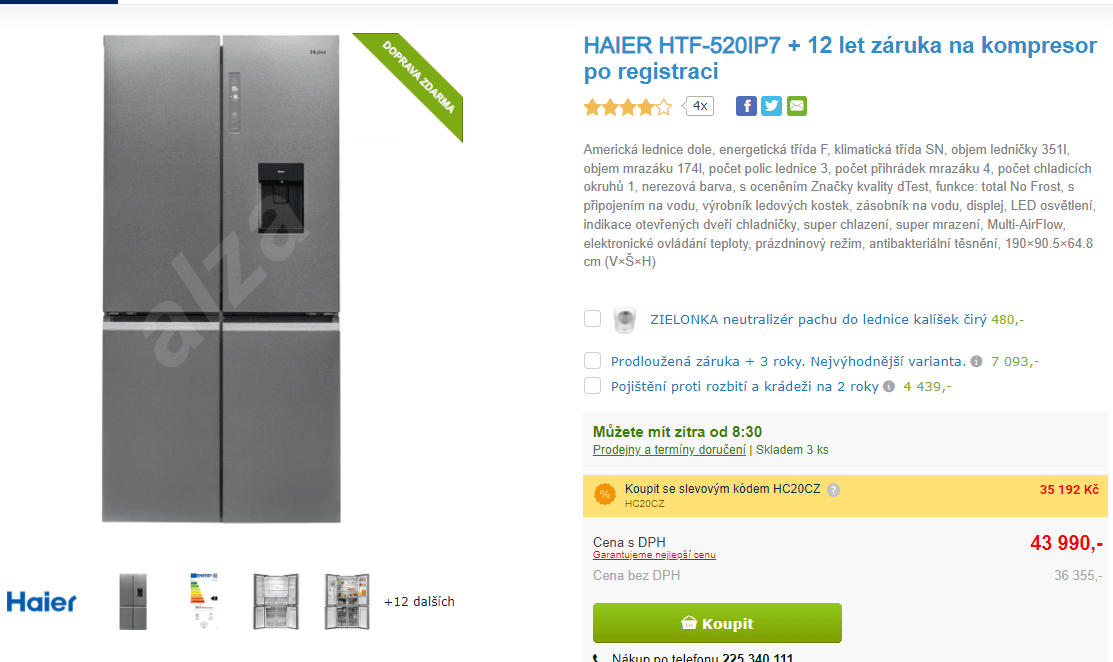 Americká lednice Haier, 351/174l, led