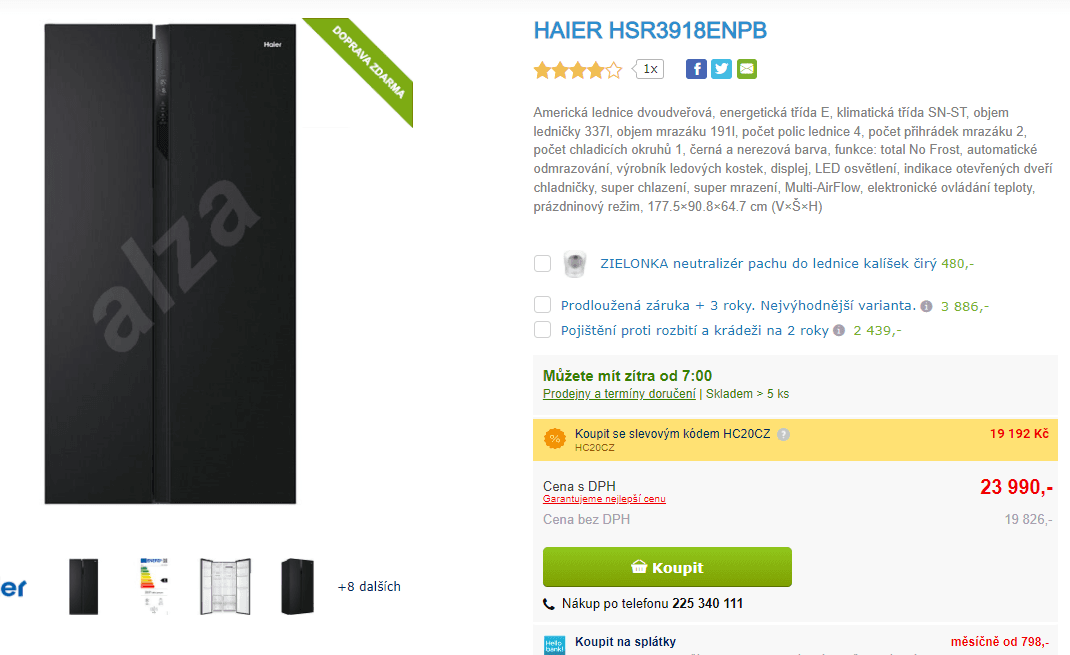 Americká lednice Haier, 337/191l, led