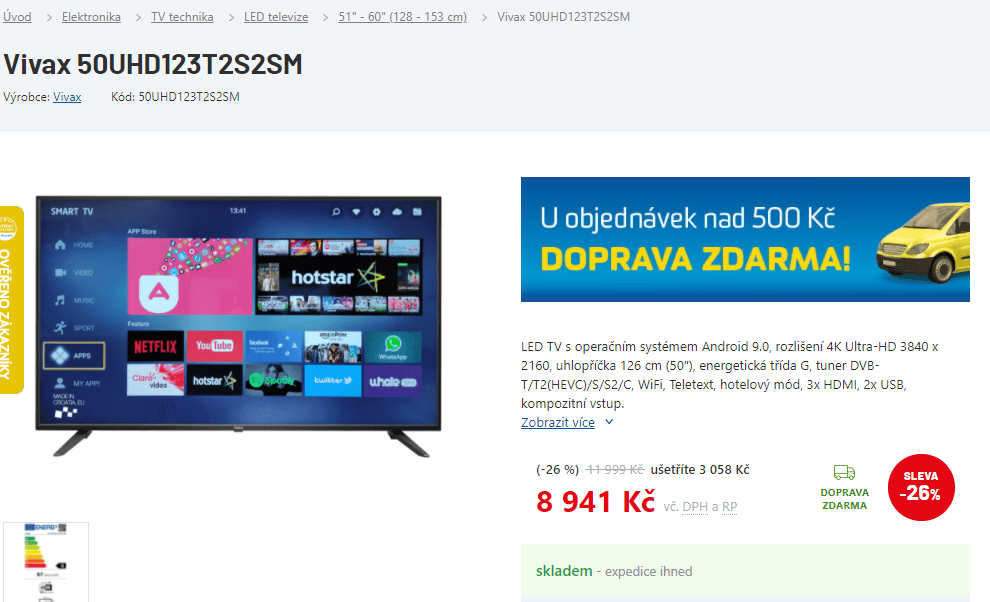 4K Smart TV, Android, 126cm, HDR, Vivax