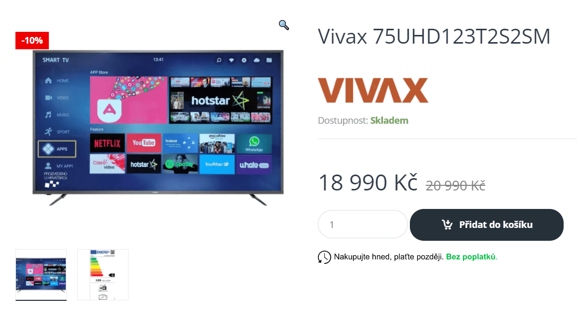 4K Smart TV, Android, 189cm, HDR, Vivax
