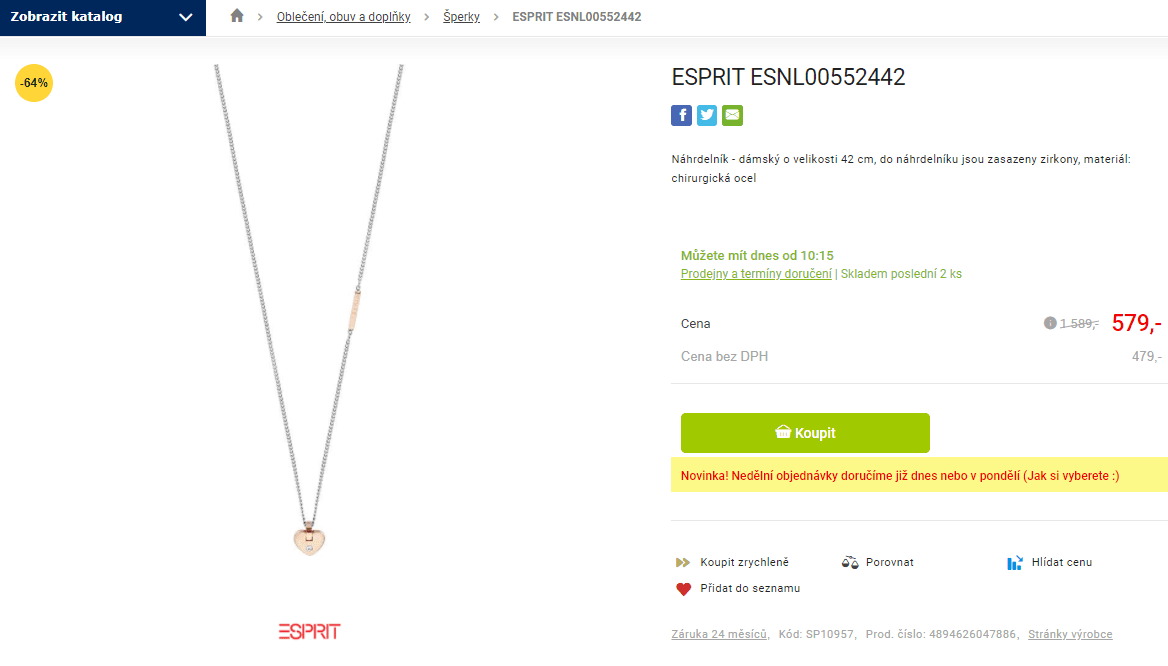 Ocelový náhrdelník Esprit, zirkony