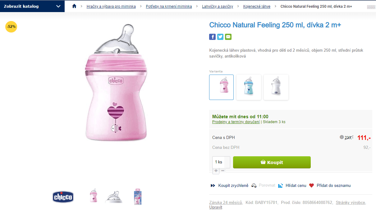 Kojenecká láhev Chicco Natural 250 ml, 2m+