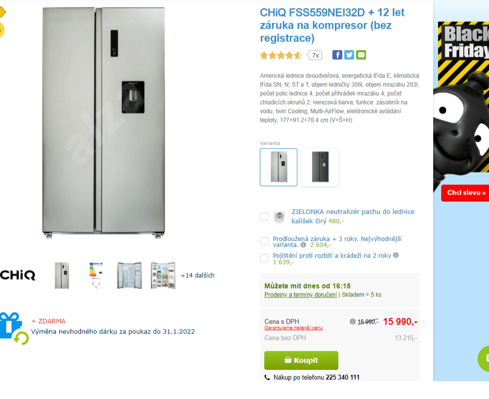 Americká lednice ChiQ, voda, 177cm