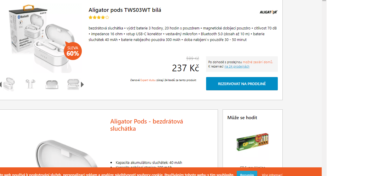 BT sluchátka Aligator pods, 20 hodin