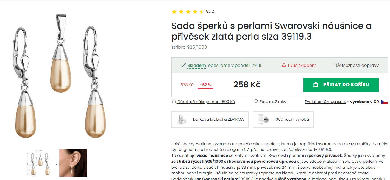 Sada stříbrných šperků - perla slza