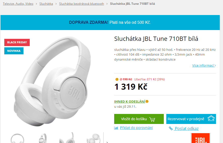 BT sluchátka JBL Tune 710BT, 50 h.