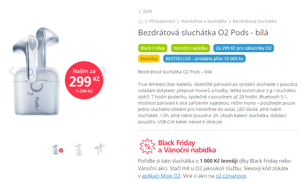 BT sluchátka O2 PODS