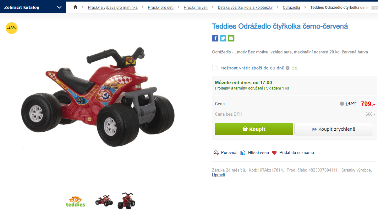 Dětské odrážedlo Teddies, čtyřkolka