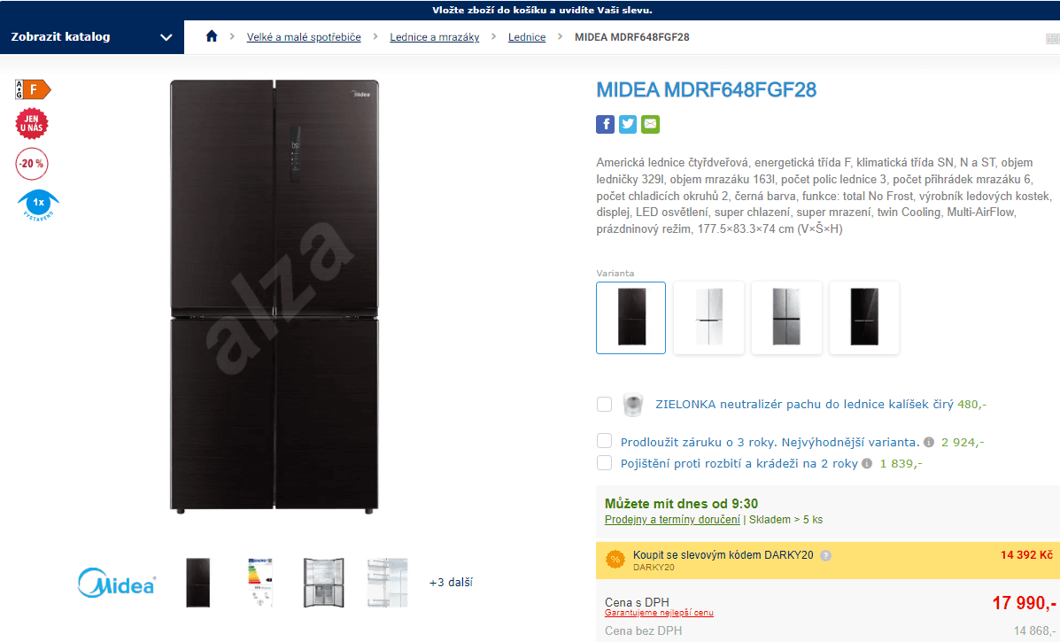 Americká lednice Midea, 329/163l, led