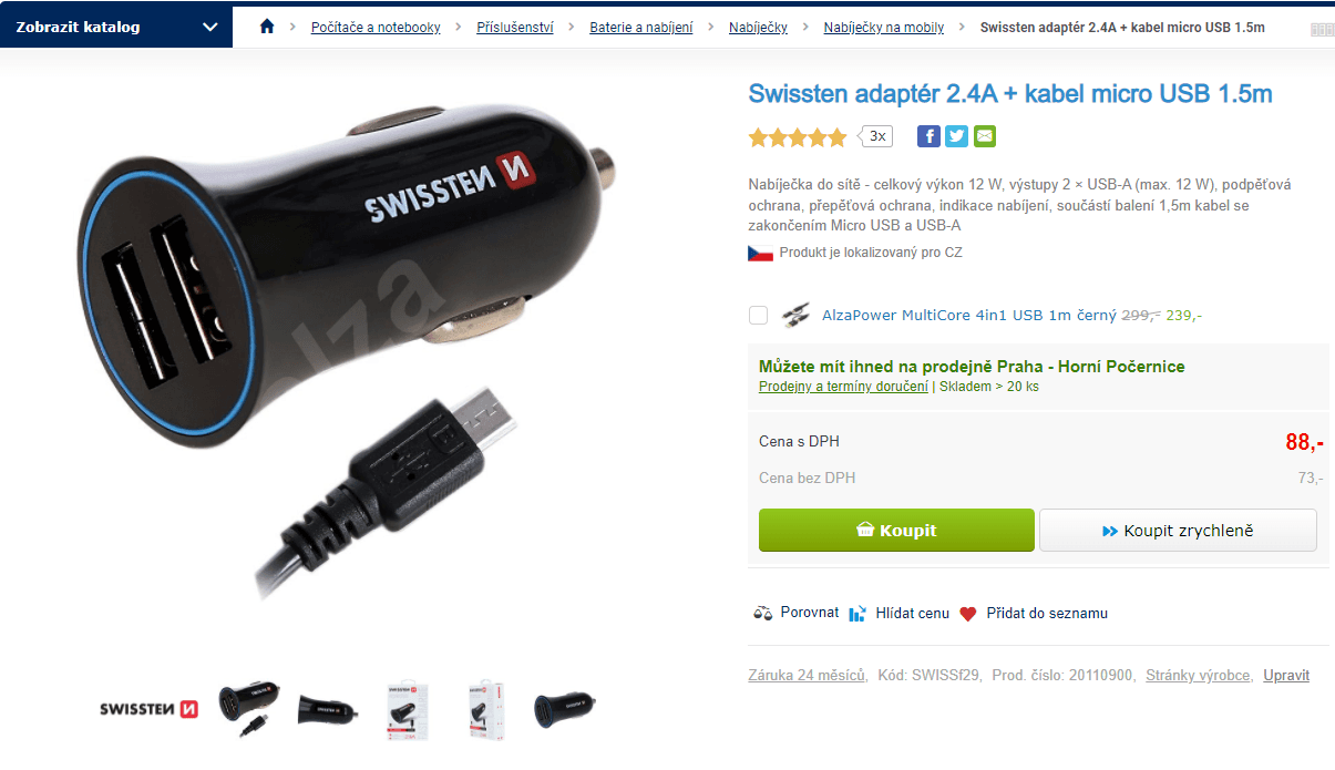 Nabíječka do auta Swissten, 12W