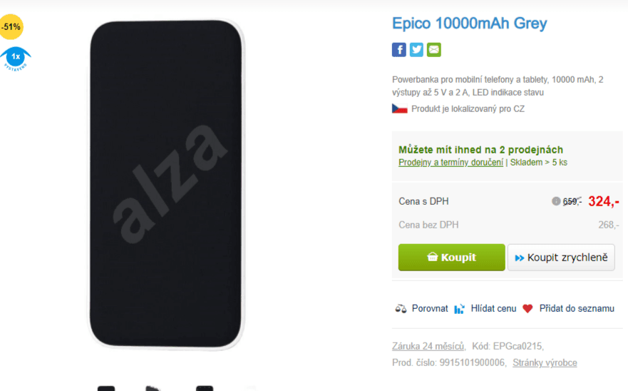 Powerbanka Epico 10000mAh, 2x USB