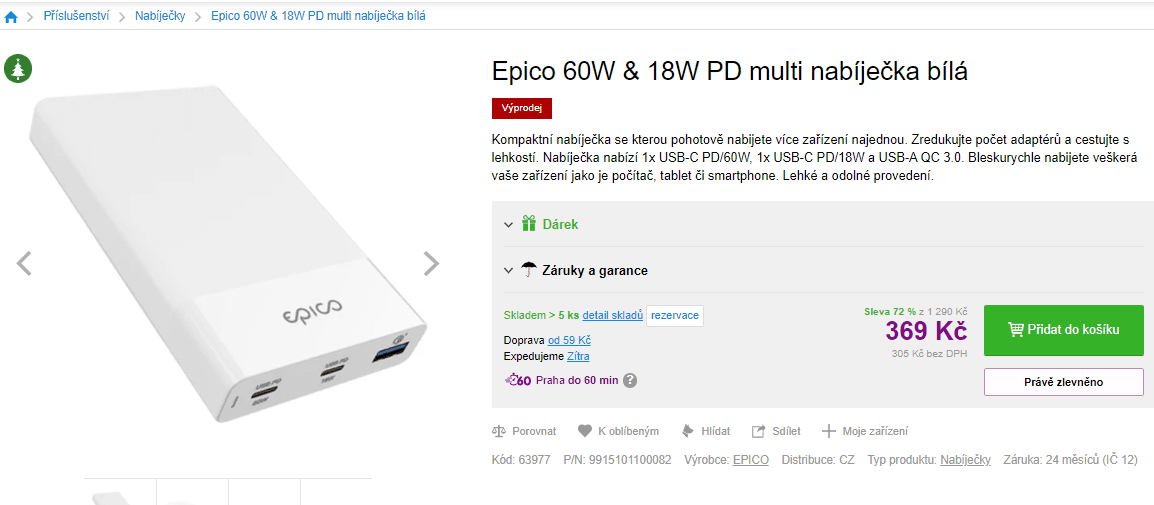 Nabíječka Epico, 60W, 3x USB, fastcharge