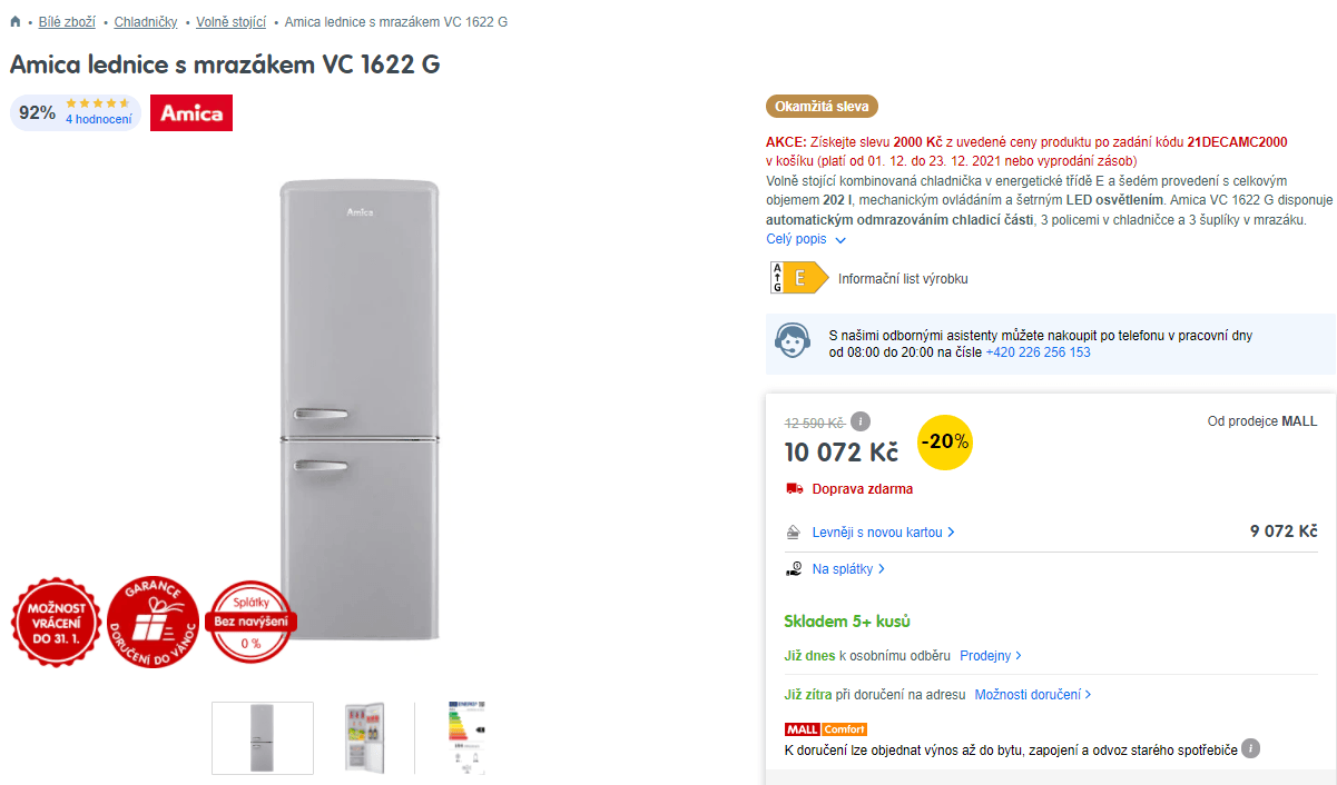 Komb. lednice Amica, A++, 199 litrů
