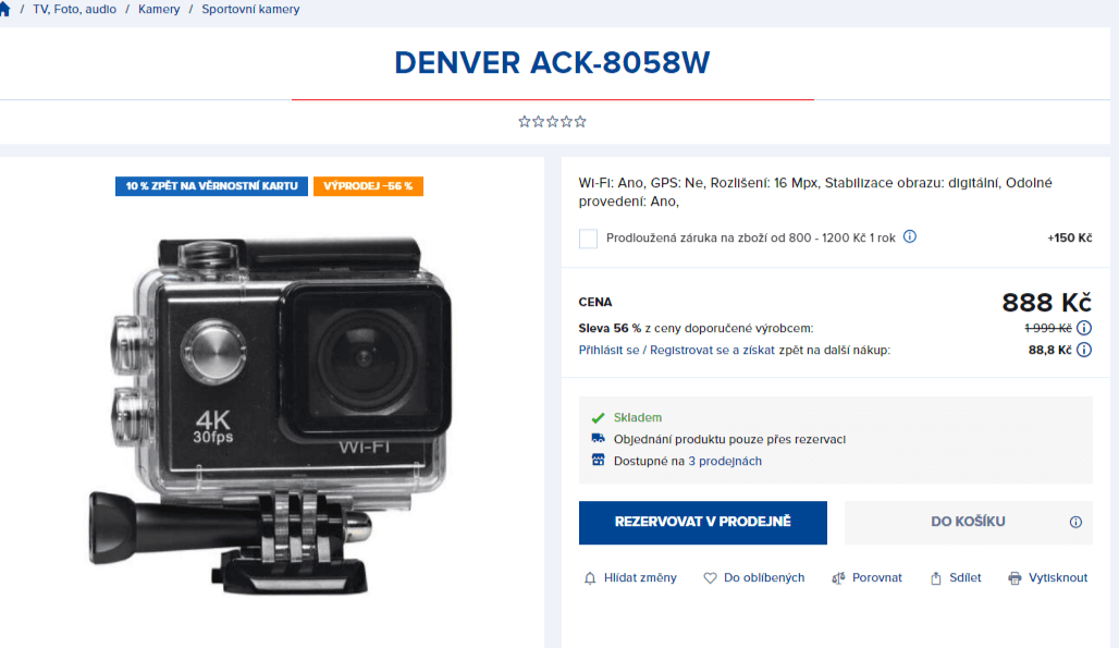 Akční kamera Denver, 4K, Wifi, BT