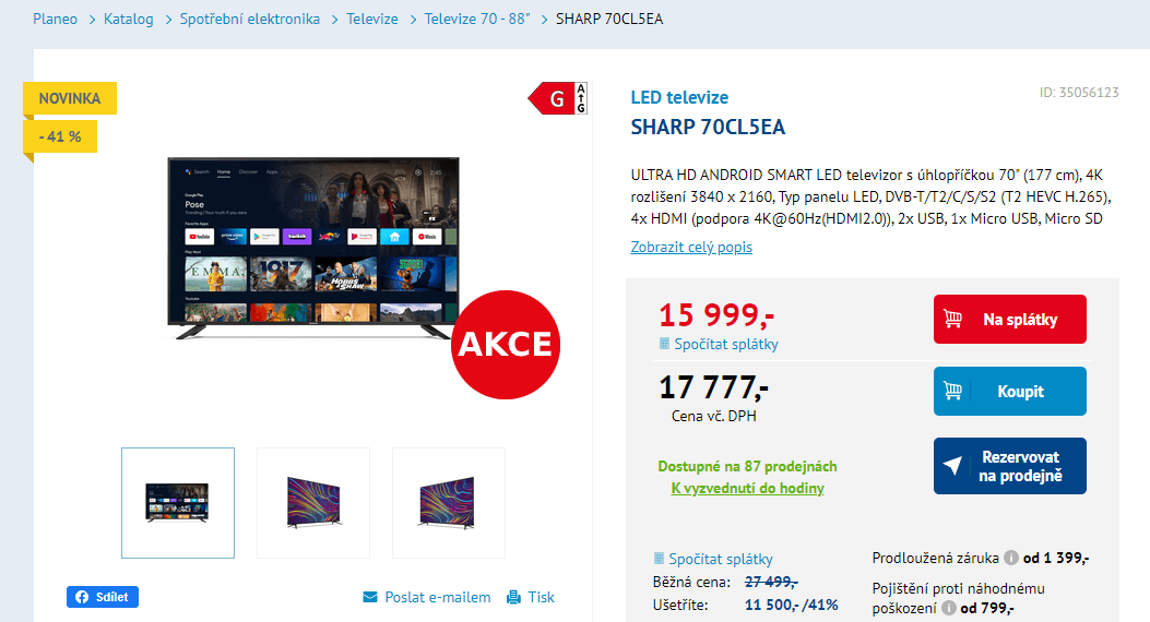 4K, Android TV, BT, 177cm, Sharp