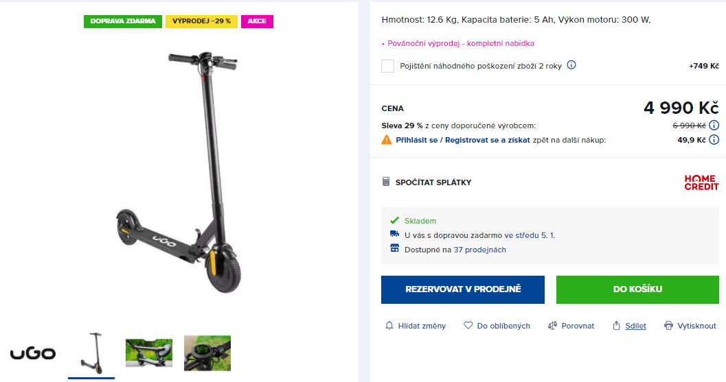 El. koloběžka Ugo, 25km/h, 15km