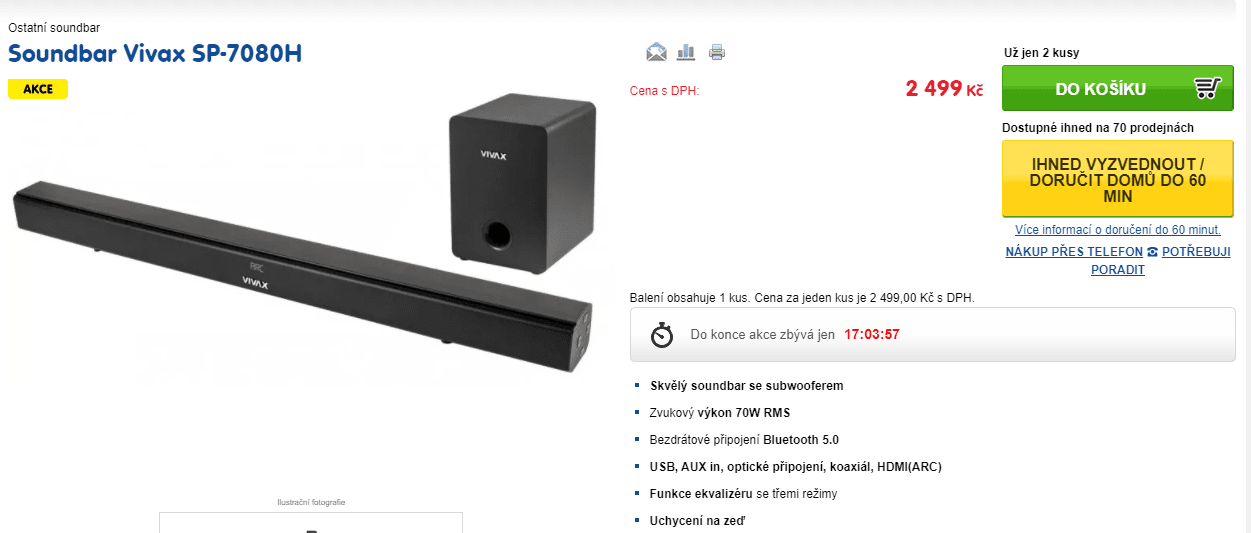 Soundbar Vivax, 2.1, subwoofer, 70W