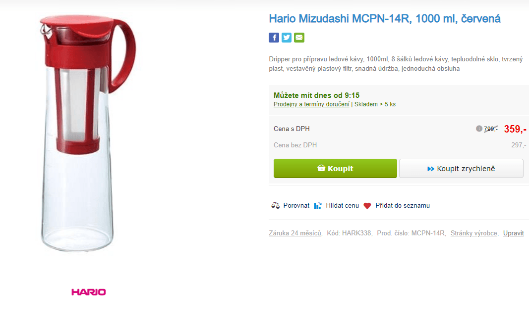 Dripper na ledovou kávu Hario Mizudashi, 1 l