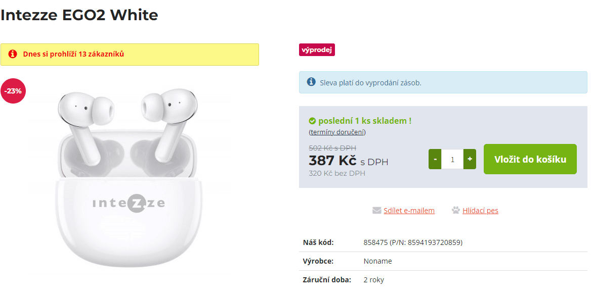 BT sluchátka Intezze Ego 2, TWS