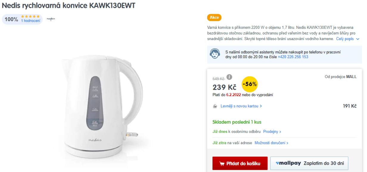 Rychlovarná konvice Nedis, 1,7 litru