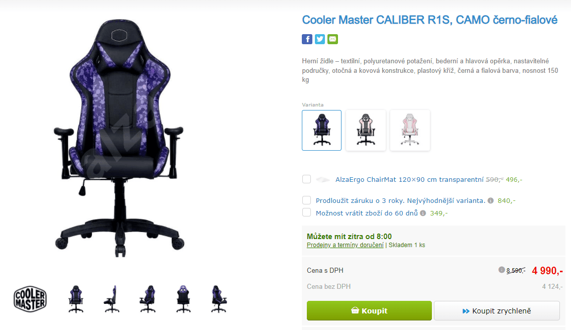 Herní židle Cooler Master Caliber R1S, 150 kg
