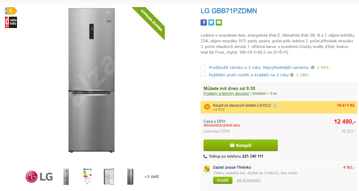 Komb. lednice LG, 234/107 l, nerez