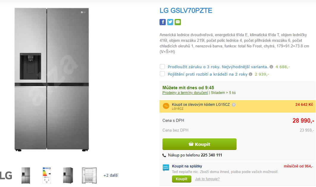 Americká lednice LG, 416/219 l, led, nerez