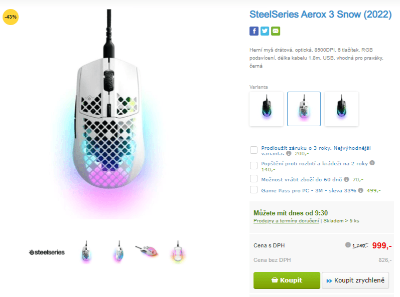 Herní myš SteelSeries Aerox 3 Snow