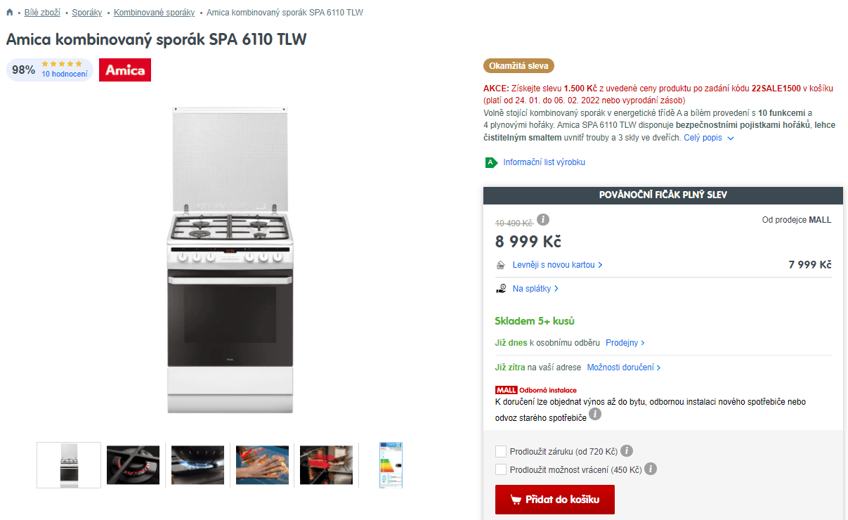 Komb. sporák Amica, 65 l, gril, horkovzduch