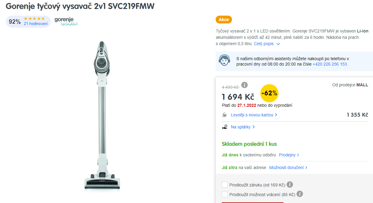 Tyčový AKU vysavač Gorenje 2v1 