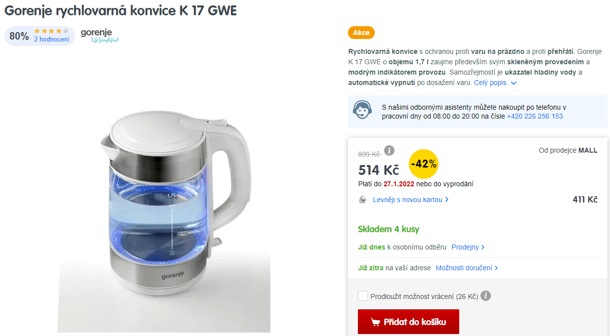 Rychlovarná konvice Gorenje, 1,7 l.