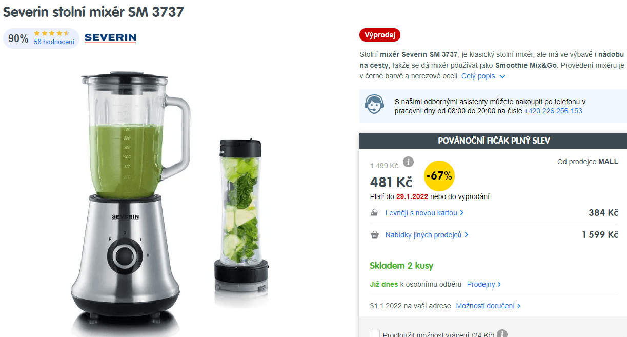 Stolní mixér Severin, sklo, 1 l.