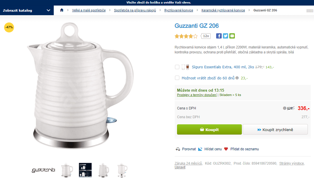 Rychlovarná konvice Guzzanti, 1,4 l, 2200W