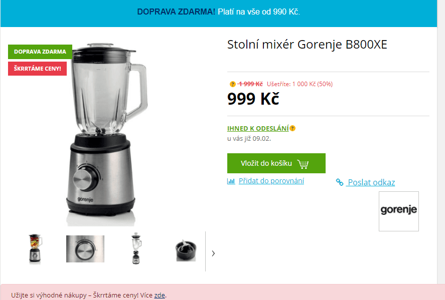 Stolní mixér Gorenje, sklo, 1,5l.