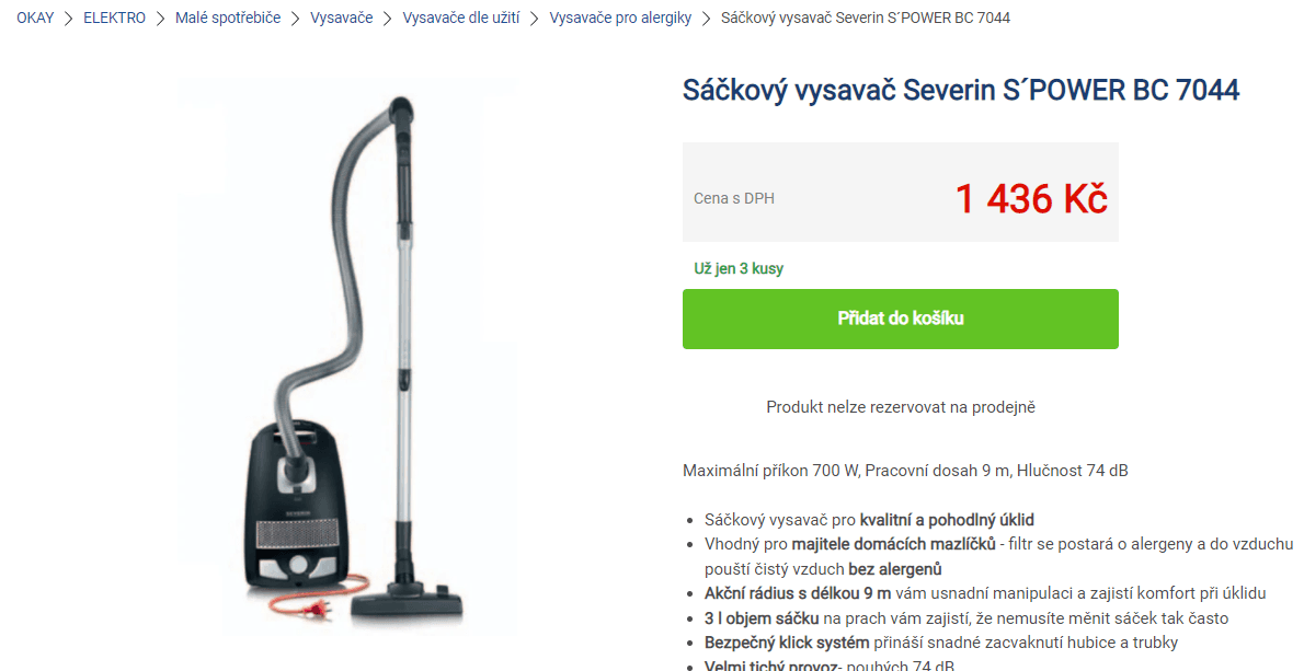 Sáčkový vysavač Severin, HEPA